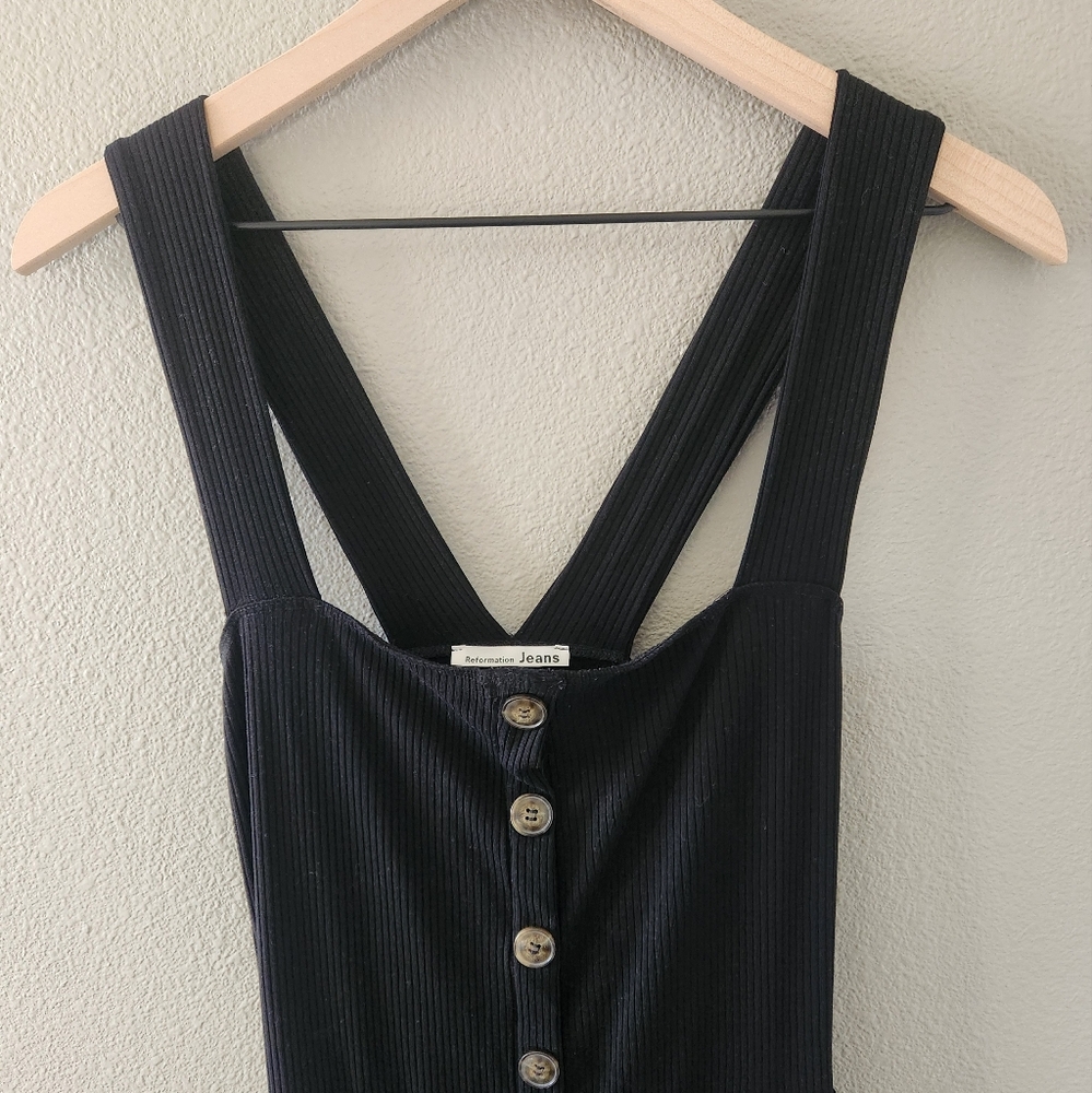 Reformation Landry Jumpsuit Medium Black Ribbed Knit Square Neck Button Lyocell - Picture 3 of 11